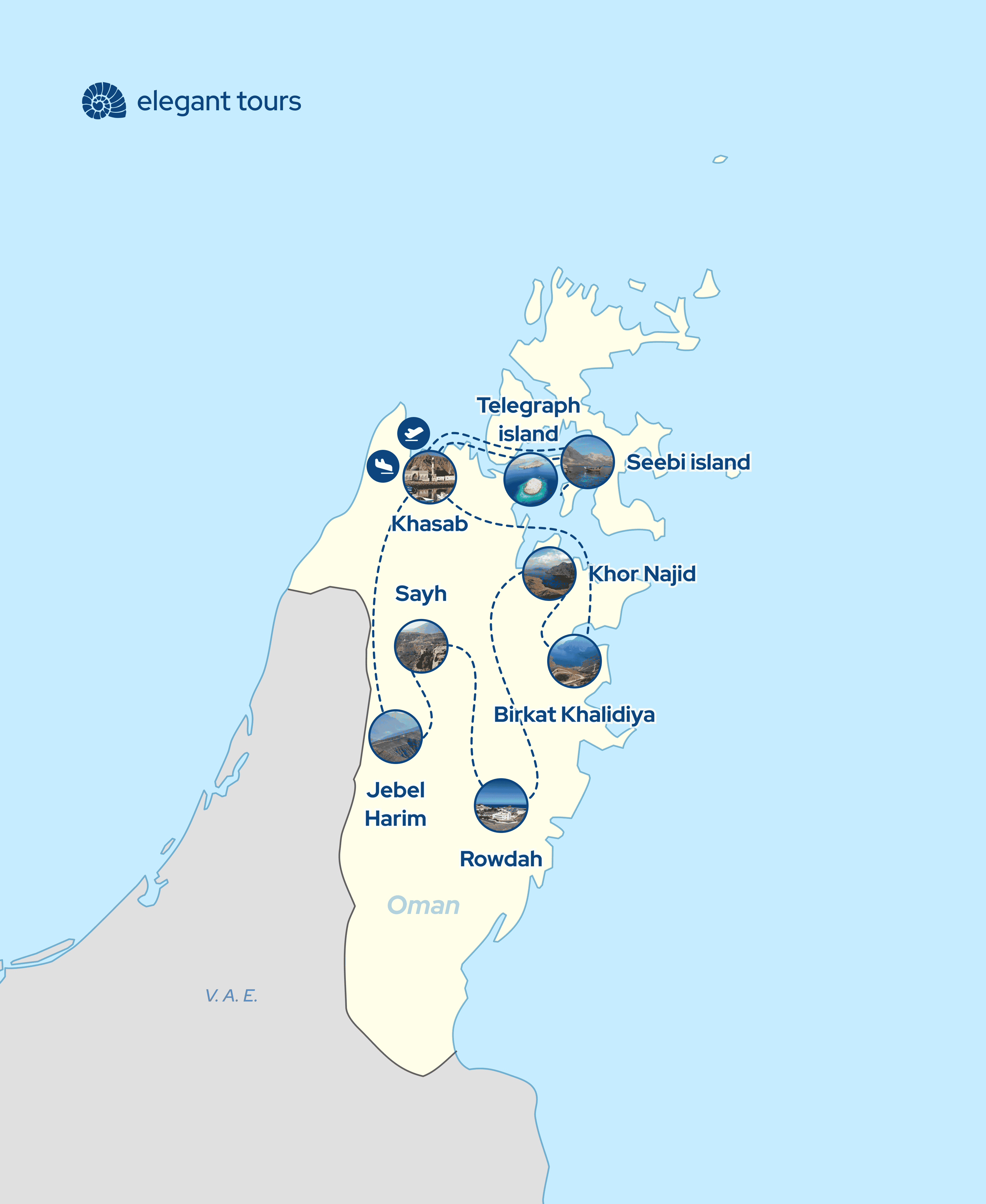 Karte der Rundreise in Musandam, Oman, einschließlich Telegraph Island, Seebi Island und Elegant Tours