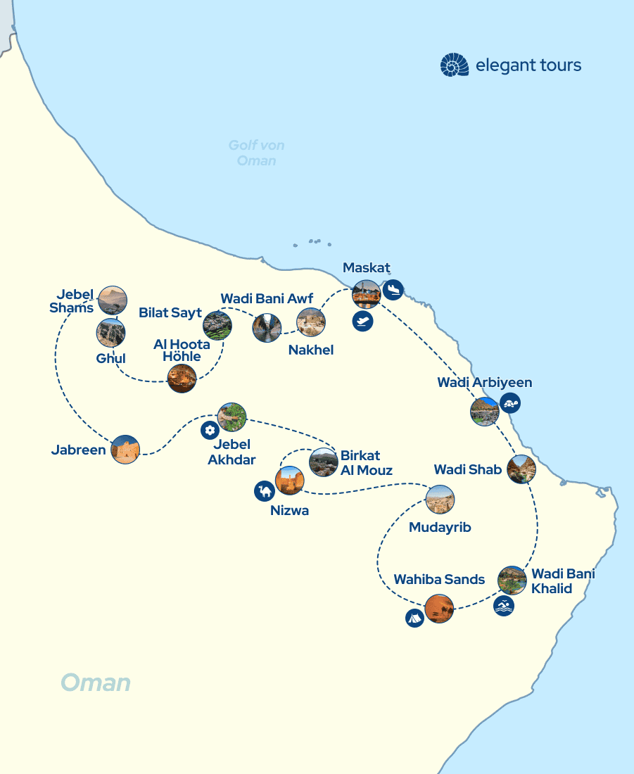 Karte der klassischen Oman Rundreise im Oman ab Maskat bei Elegant Tours