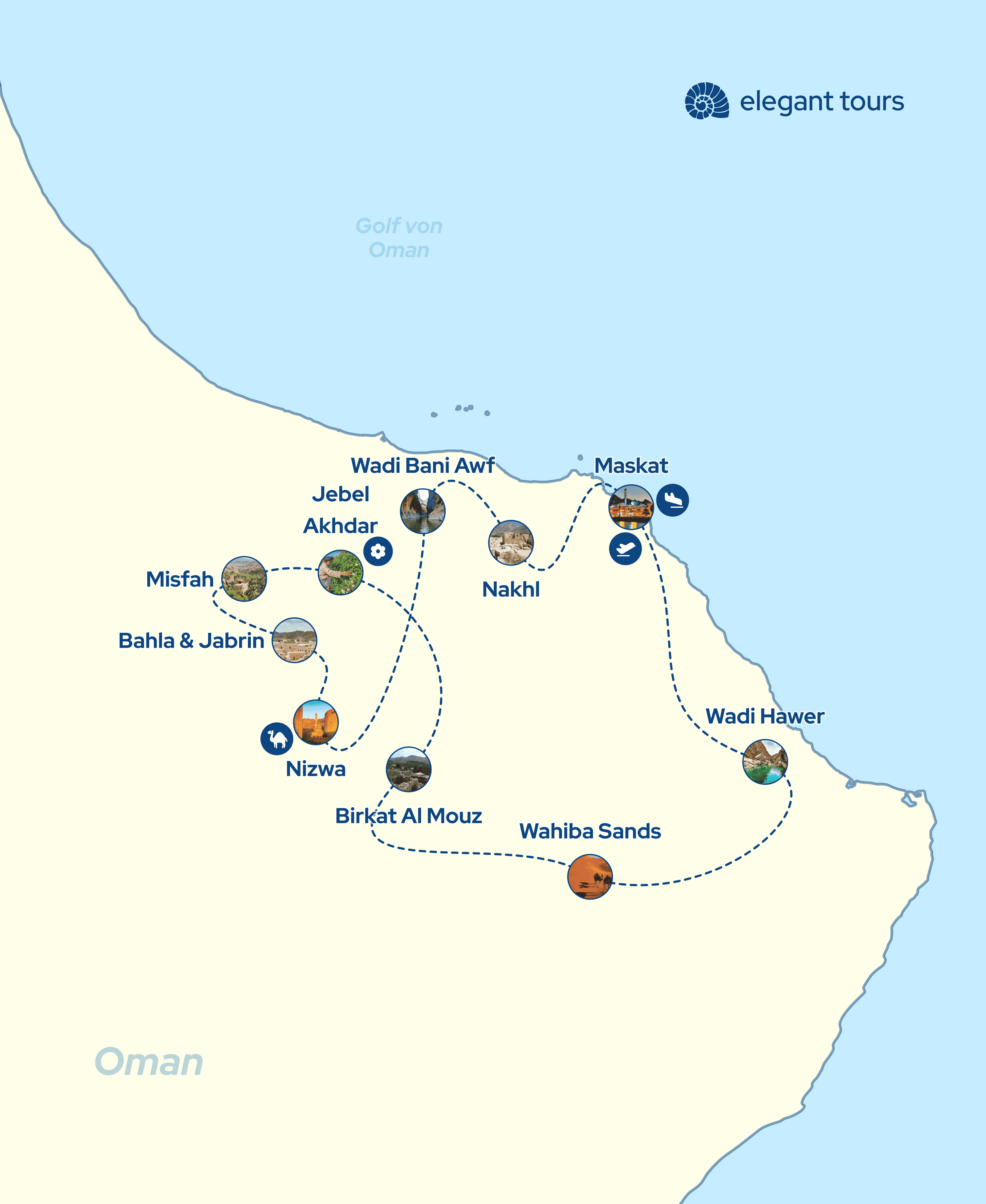 Karte einer Gruppenreise ab Maskat Oman bei Elegant Tours